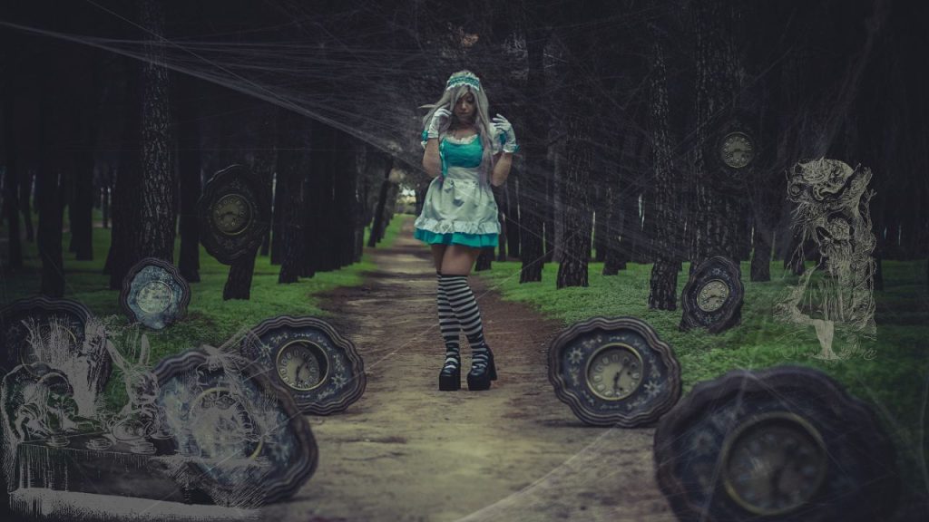 Alice stands in a dark wood with mangled clocks surrounding her.