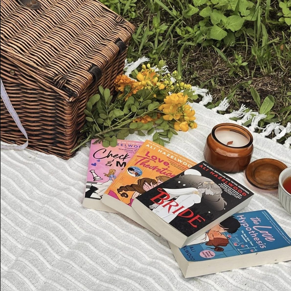 Four Ali Hazelwood books lying on a striped picnic blanket next to a candle and picnic basket.