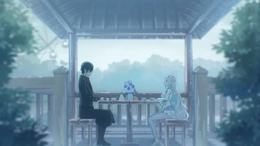"The Magical Girl and the Evil Lieutenant Used to Be Archenemies" anime visual of Mr. Evil Lieutenant and Glass Happiness eating sweets with tea under a gazebo.