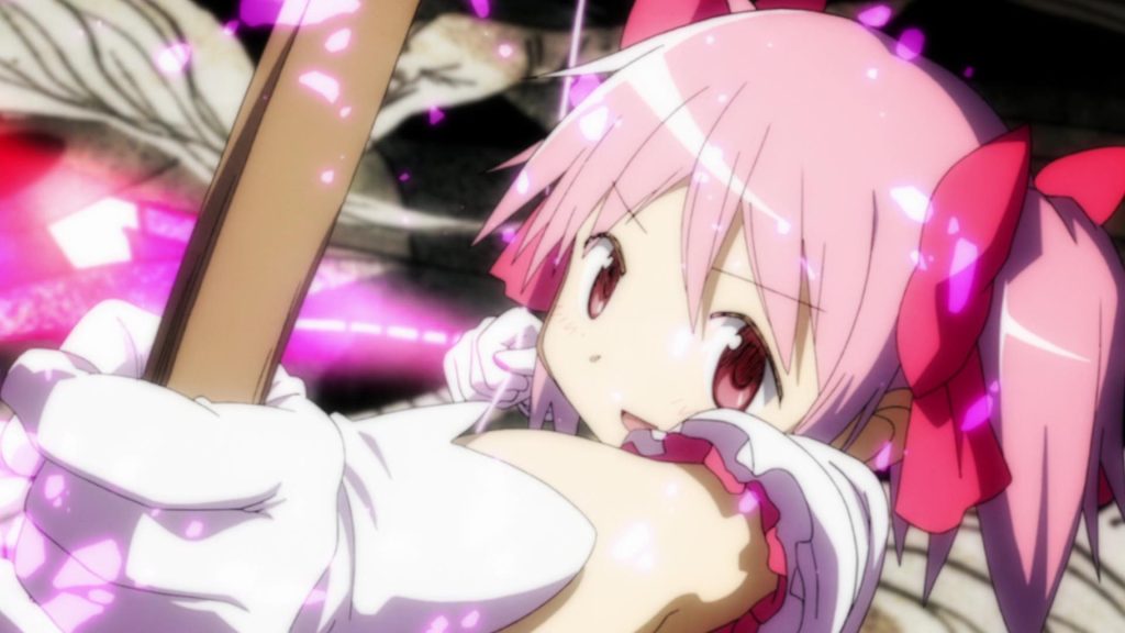 Visual from "Madoka Magica" anime depicting its pink-haired title character aiming with her magical bow and arrow.