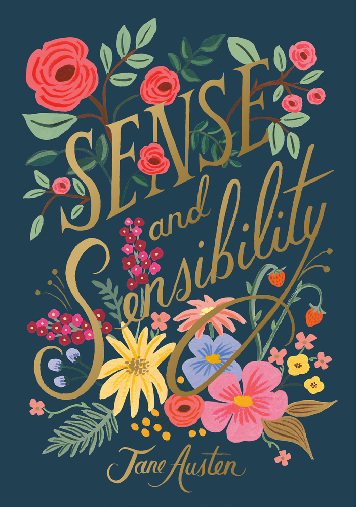"Sense and Sensibility" by Jane Austen navy blue book cover with vibrant florals.