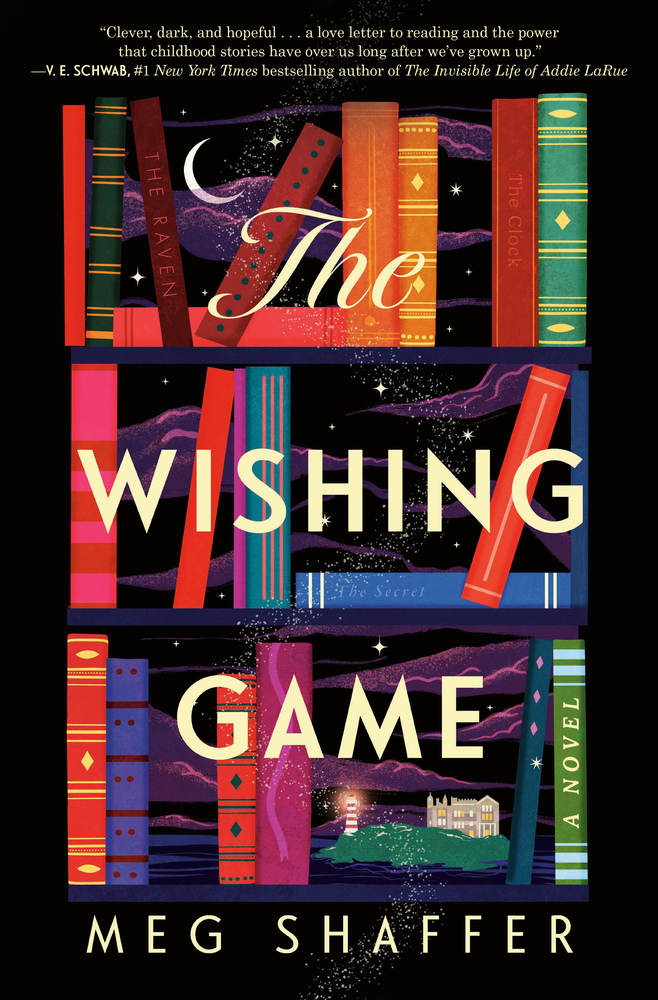 Book cover of "The Wishing Game" by Meg Shaffer, featuring a colorful bookshelf foreground, with an island and a lighthouse in the background.