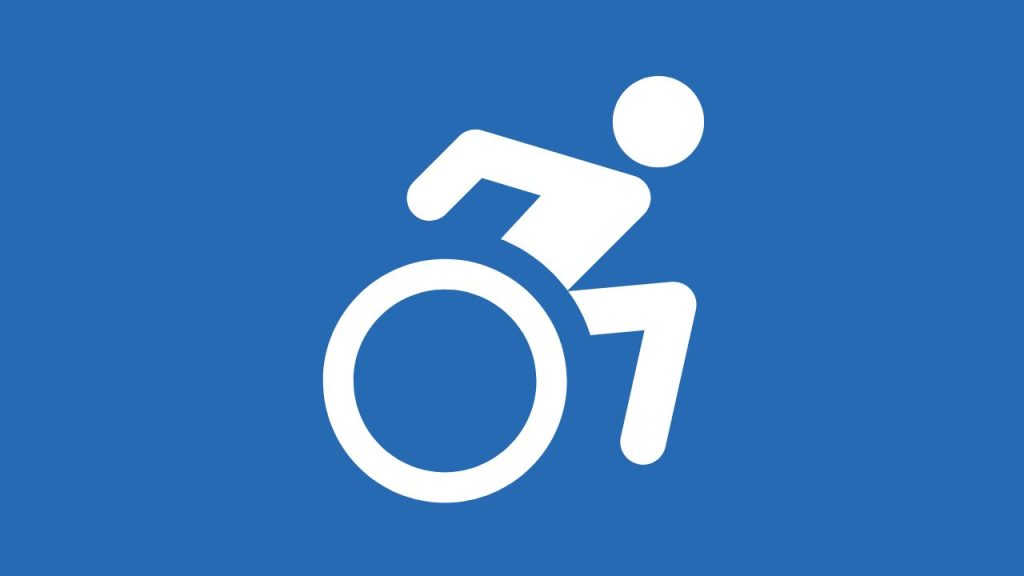 Blue background with white handicap symbol; handicapped person is shown leaning forward.