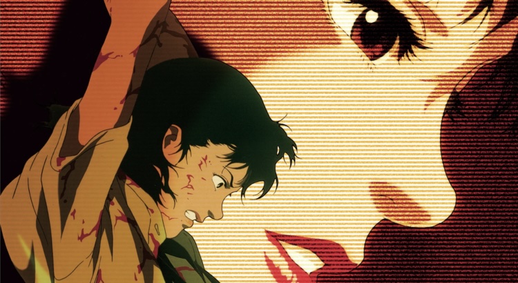 An anime woman with black hair (Mima) looks down in anger with her hands raised over her head. She is covered in blood. Behind her is a screen with her face on it.