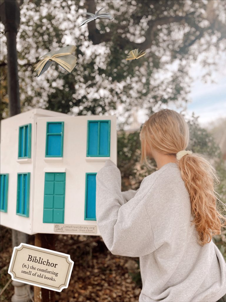 A girl with blonde hair in a low ponytail and a grey sweatshirt reaches into a "little library," a small white structure with painted blue windows.