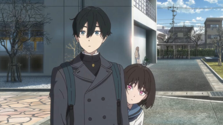How to Become Ordinary anime visual of Yuki hiding behind Jougorou as they both see something off the scene.