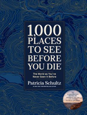 A dark blue background with lines resembling hills with the title "1,000 Places to See Before You Die."