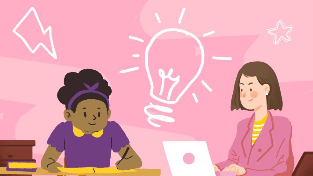 Pink background with two women writing. One is working on paper and one is working on her laptop.