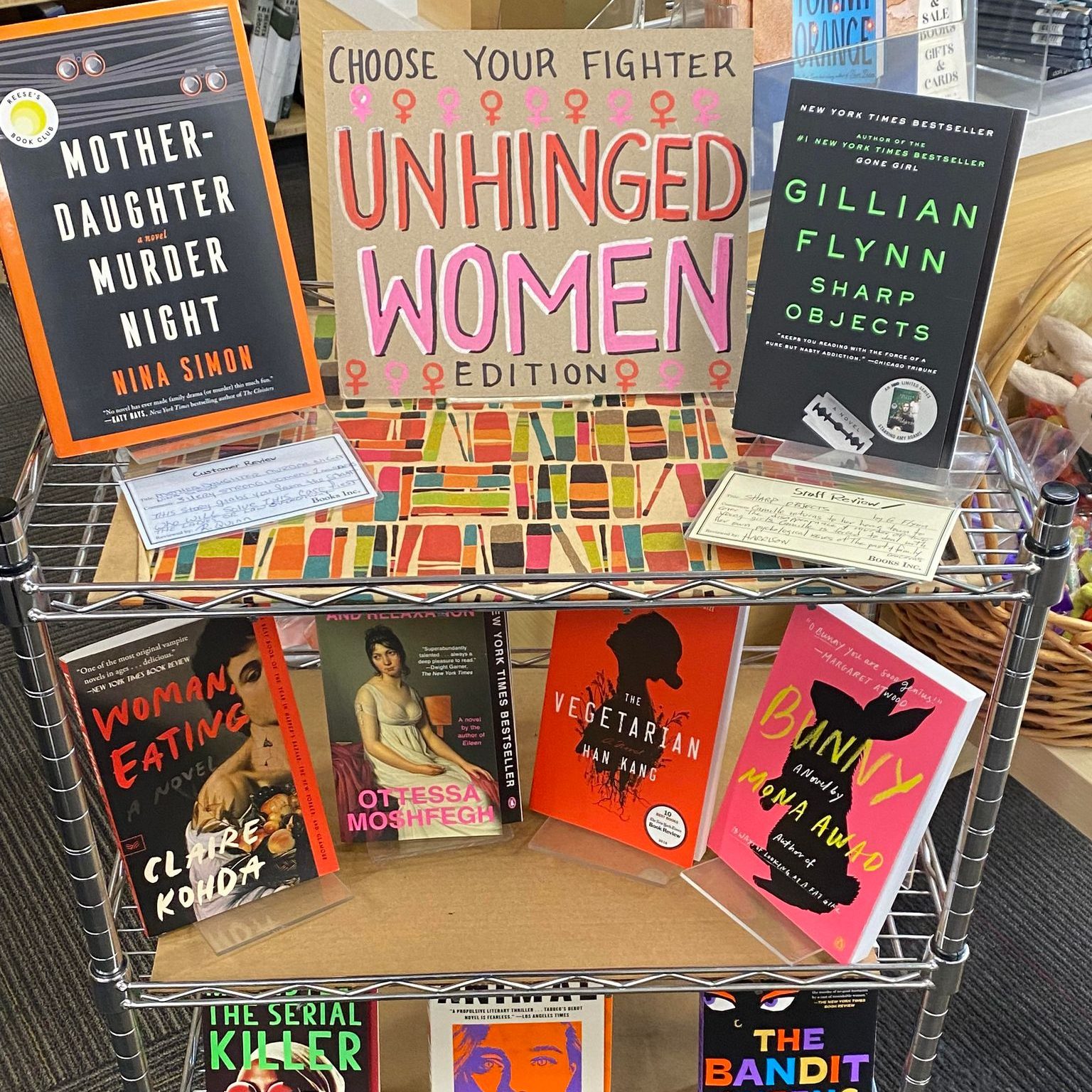 "Choose your fighter: Unhinged women edition" display at Books Inc.