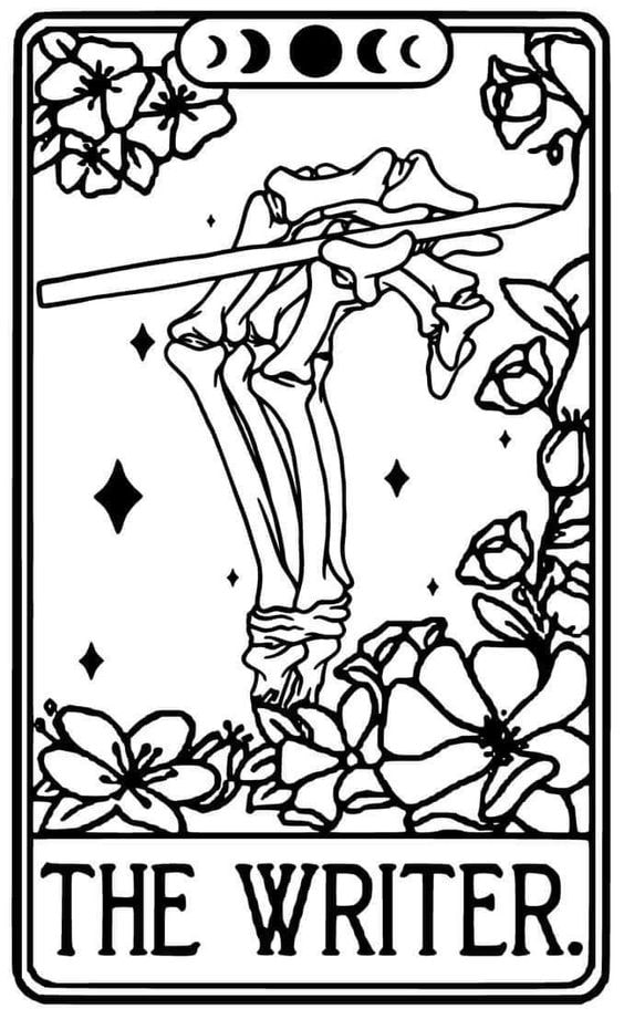 A tarot card with a skeleton hand holding a pencil with the phrase "The Writer" underneath.