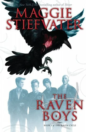 'The Raven Boys' by Maggie Stiefvater book cover showing a raven flying above four boys.