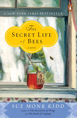 'The Secret Life of Bees' by Sue Monk Kidd book cover showing a jar of honey and a bee.