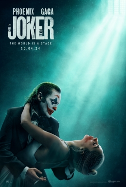 The Joker: Folie à Deux movie poster showcasing the Joker with his painted clown face dancing with Lady Gaga's Harley Quinn