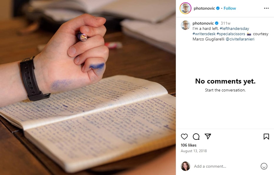 Instagram post showing a photo of Sara's left hand covered in ink above a notebook.