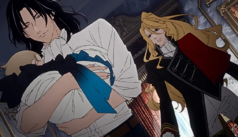 Delico's Nursery anime visual of the titular Dali Delico holding a baby, as a disgruntled member of the council tries to talk to Dali.