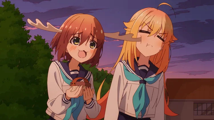 My Deer Friend Nokotan anime visual of a happy Noko hitting an annoyed Torako's cheeks with her antler's.
