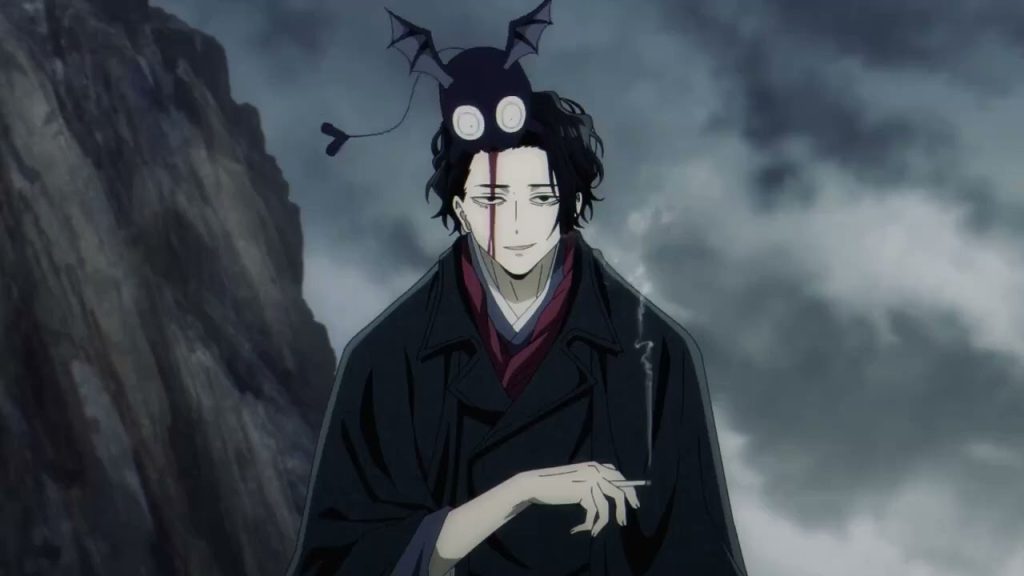 No Longer Allowed in Another World with Osamu Dazai smoking as a fantasy small creature is biting his head, bleeding from his forhead