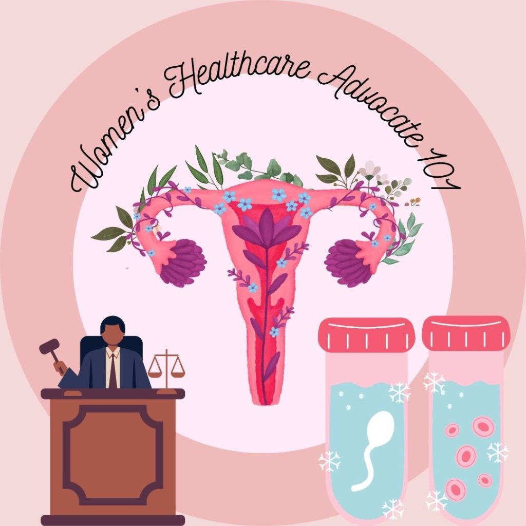 Uterus background with a cartoon judge and test tube sex cells in the foreground.