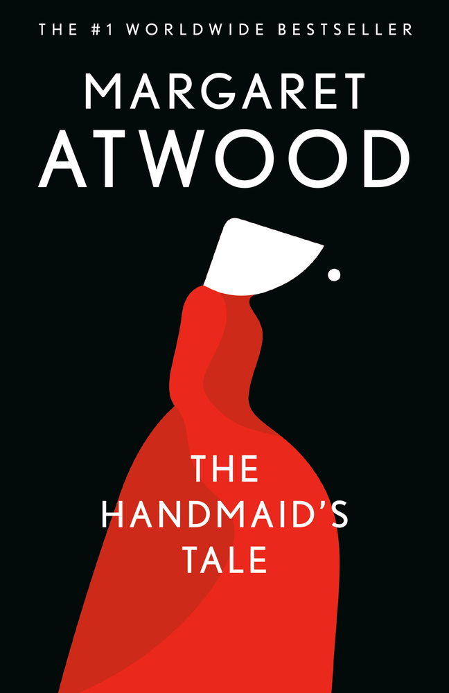 A Handmaid's Tale cover: black background with woman in red.
