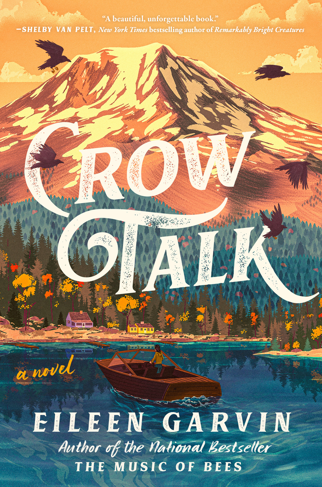 Crow Talk cover, painting of mountainside lake with cabins.