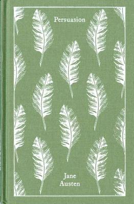 Clothbound cover of Persuasion by Jane Austen. Forest green with white feathers.