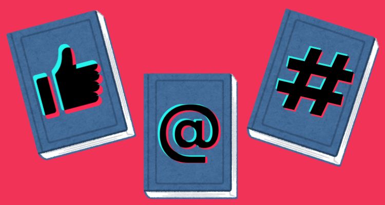 Three books with TikTok icons on them, a thumbs up, the @ symbol, and a hashtag.