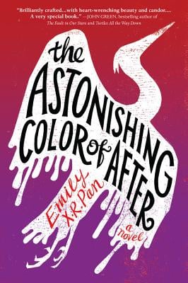 The Astonishing Color of After by Emily X.R. Pan book cover, made up of a red and purple background with a white crane encasing the book title.