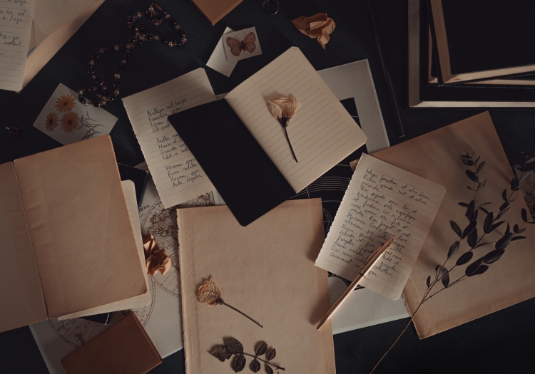 Open notebooks and loose pages, some lined, others plain, are strewn across a dark surface in an area with limited lighting. There's also a pen and some pressed flowers spread around with a stack of books in the top-right corner.