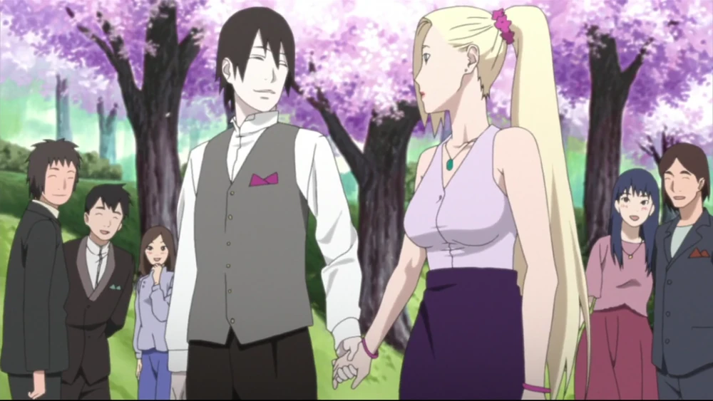 Ino, an anime character with pale skin and dark hair, and Sai, an anime character with long blonde hair, holding hands in front of a couple of people.