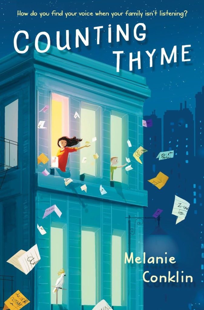 Counting Thyme cover, a girl throws handwritten notes out of a city apartment window.