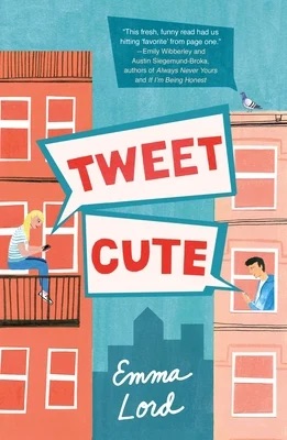 Book cover of 'Tweet Cute' by Emma Lord featuring two pink apartment complexes facing each other. One girl sitting on one side while a boy is sitting on the other side. They are exchanging tweets without knowing it.