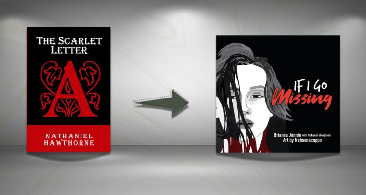 The Scarlet Letter by Nathaniel Hawthorne is on the left, and in the middle is a gray arrow pointing to If I Go Missing by Brianna Jonnie on the right. The book covers are set against a black and white background.