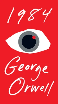 '1984' by George Orwellvbook cover with a gray eye on a red background.