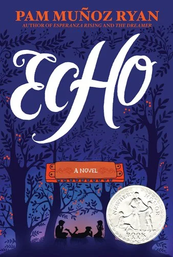 'Echo' by Pam Muñoz Ryan book cover with three people sitting and lying under some trees on a purple background.
