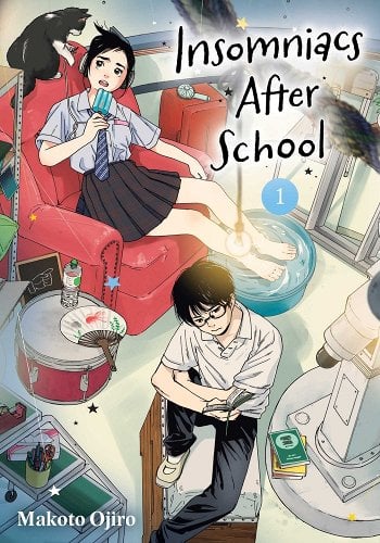 'Insomniacs After School' by Makoto Ojiro manga cover with high school students sitting in an observatory.