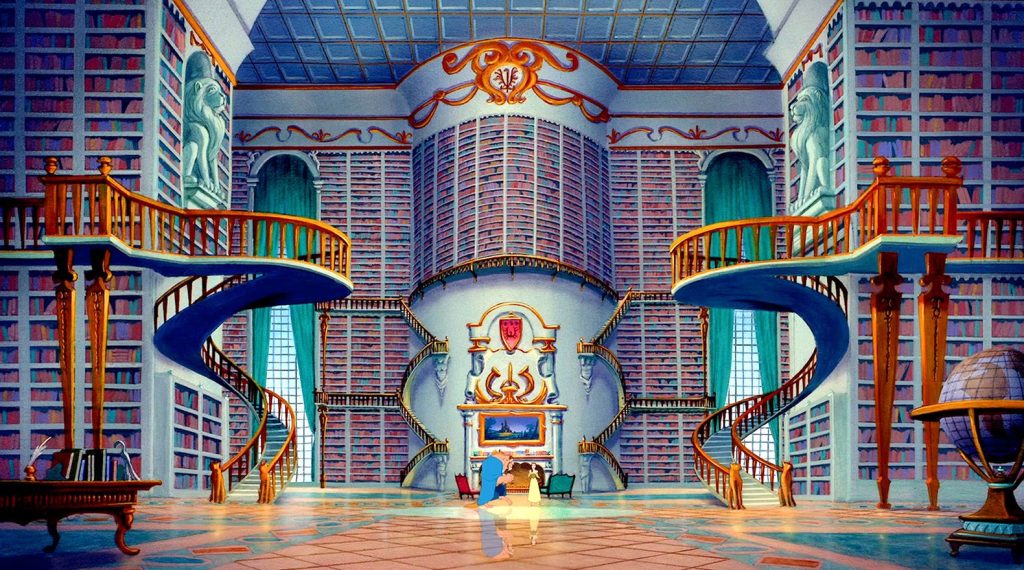 An ornate home library with tall ceilings, gold stairs, a globe, lion statues, and blue accents. In the middle stands a woman in a yellow dress and a beast in a blue cloak.