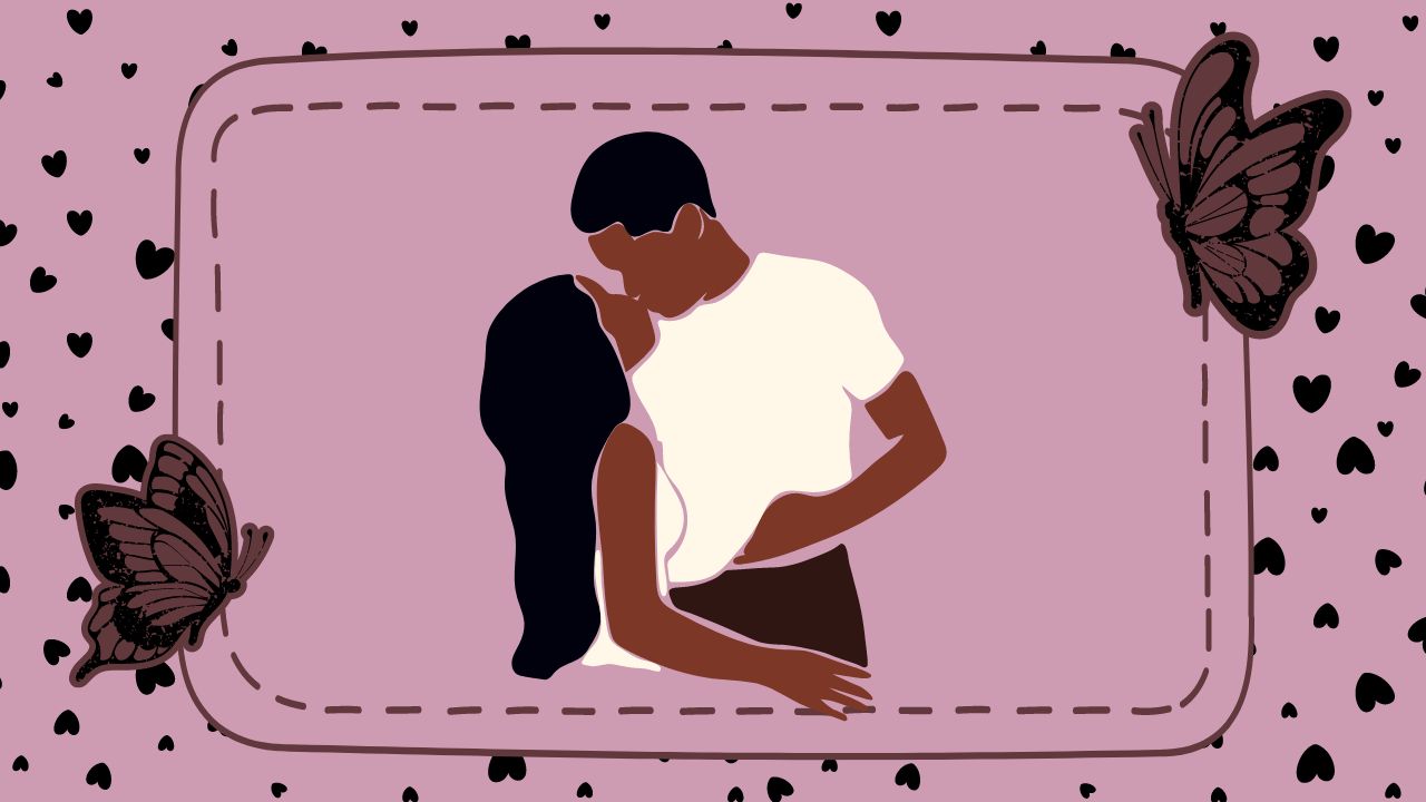 A Black couple framed by black and purple butterflies. Black hearts against a light purple background.