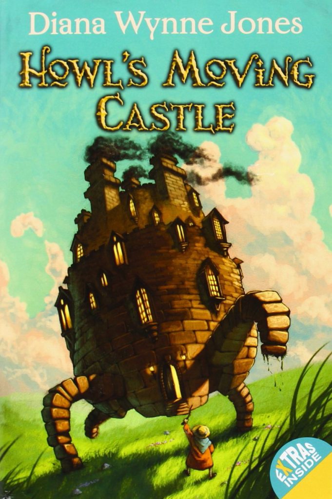 HOWL'S MOVING CASTLE cover, featuring a stone castle on legs expelling smoke and walking across a grassy hill beneath a blue sky