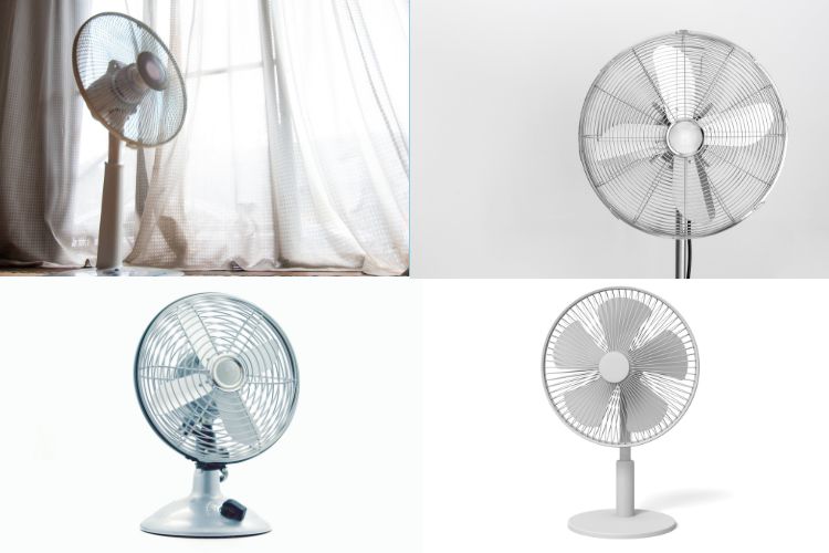 Four images of white fans put together in a two-by-two collage.