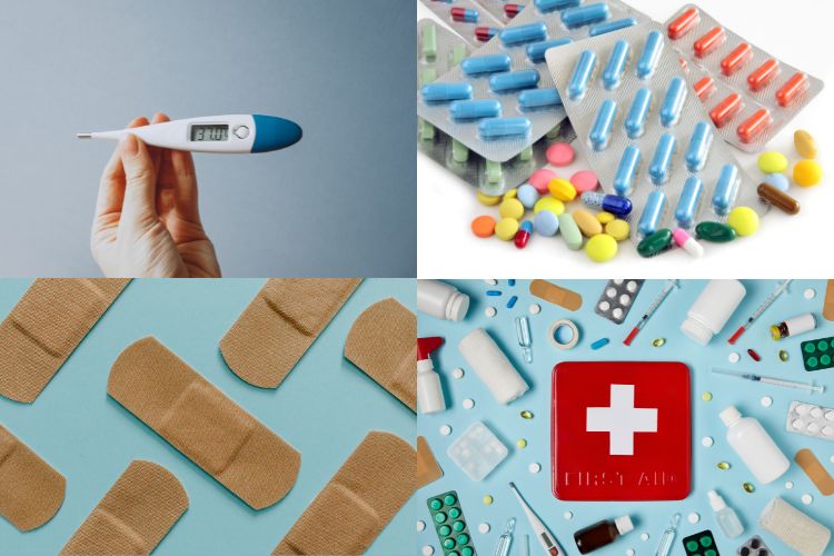 An image of a thermometer, some pills, band-aids, and a first aid kit put together in a 2-by-2 collage.