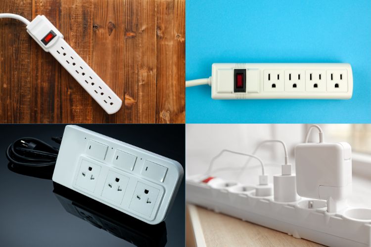 Four different images of power strips put together in a two-by-two collage.