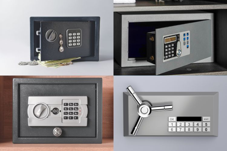 Four different images of safes put together in a two-by-two collage.
