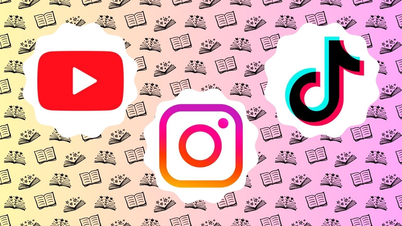 The red play button YouTube logo, pink and yellow gradient square Instagram logo, and black music note TikTok logo on a pink and yellow gradient background with a pattern of black books.