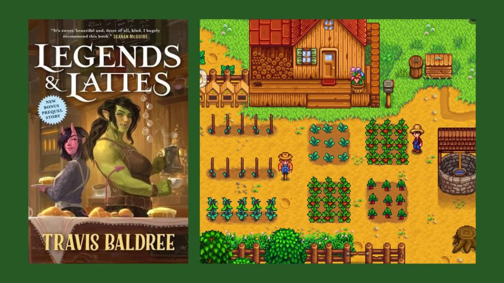 Legends and Lattes cover beside screenshot from farming simulator game.