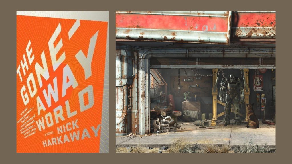 The Gone-Away World cover beside a screenshot of a decaying gas station.