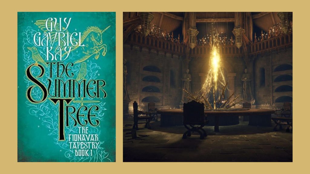 The Summer Tree cover beside a screenshot of a table with magic in the middle.