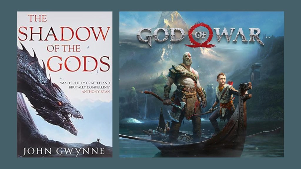 The Shadow of the Gods cover beside the God of War cover art.