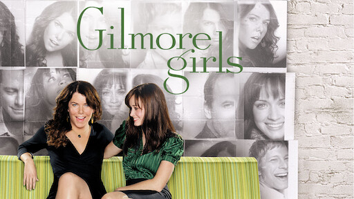 Gilmore Girls with a white brick wall and a collage of pictures on top. Two girls, sitting on a green couch in front.