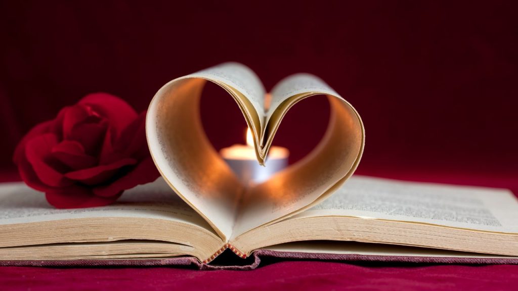 An open book with a few pages curled into a heart and a red rose laying on the open pages