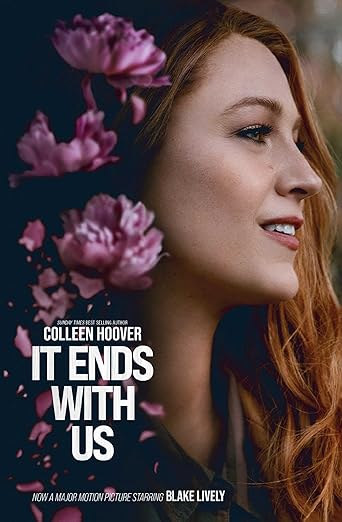 Blake Lively's side profile with pink lilies making up the left side of her face.